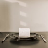 toilet paper roll on dish with fork and knife